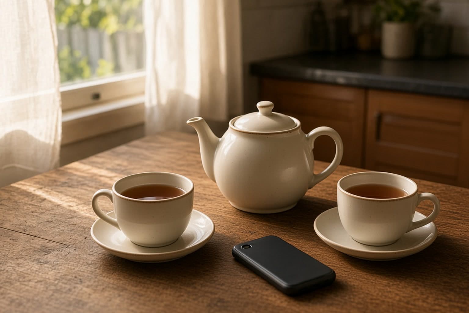 A teapot, two cups, and a phone on a sunny kitchen bench