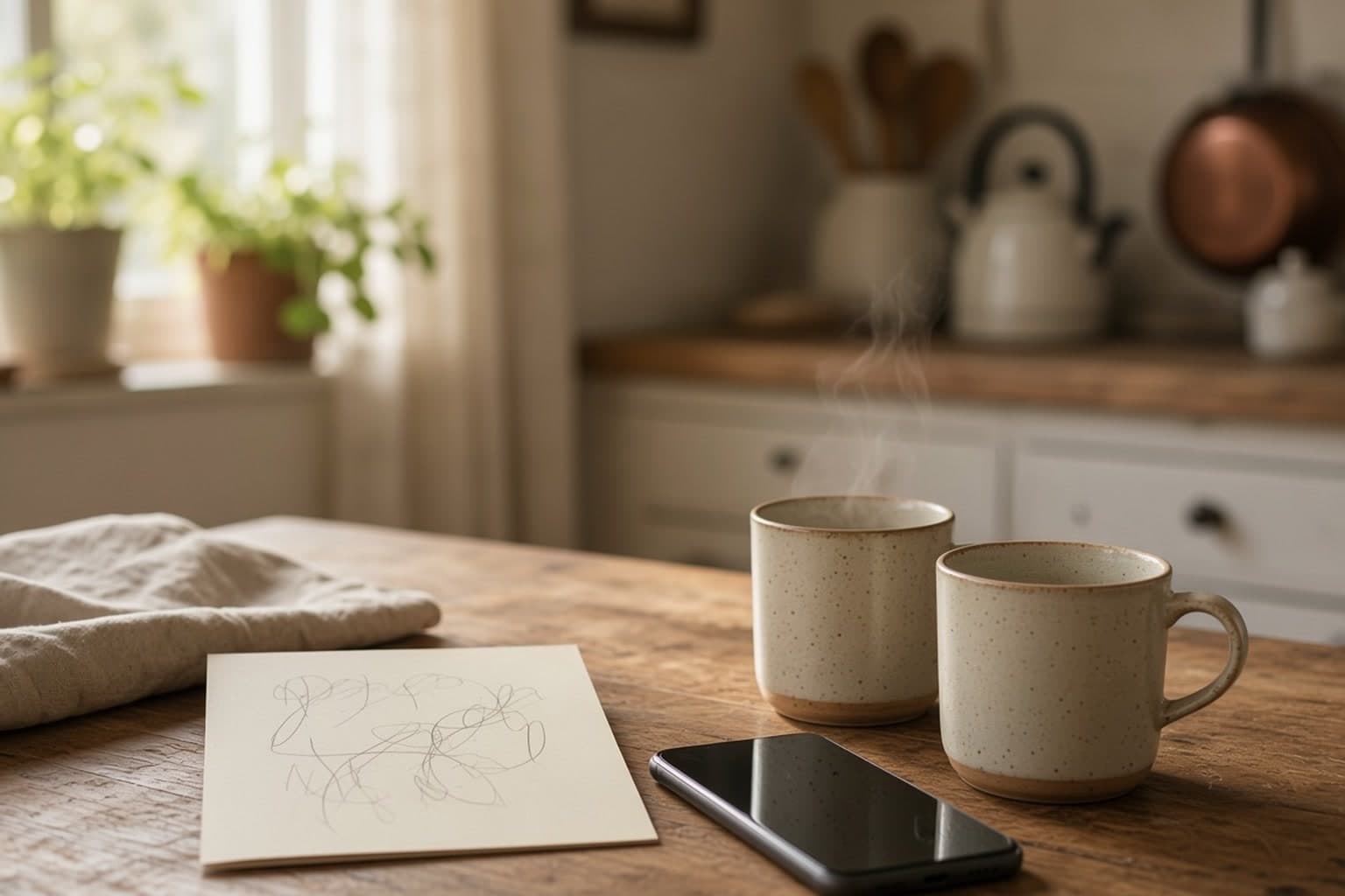 Grandkids' handwritten Grandparents Day card beside a phone on a kitchen bench