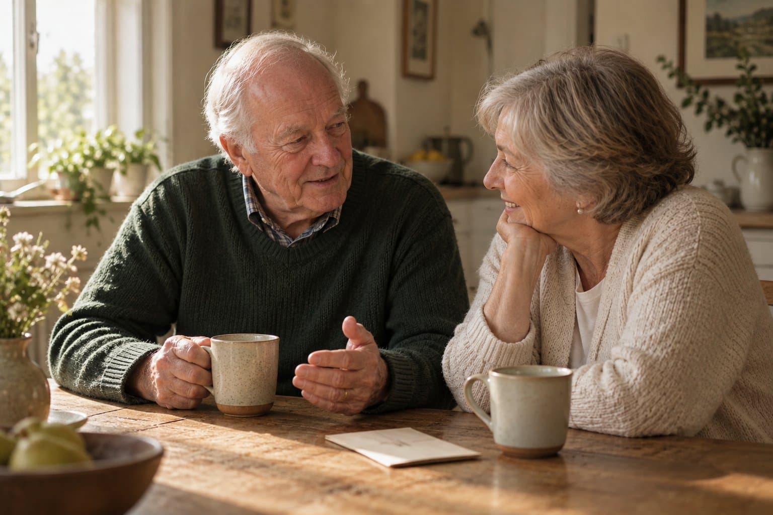 Nan and Grandad talking over tea at a sunlit kitchen table.