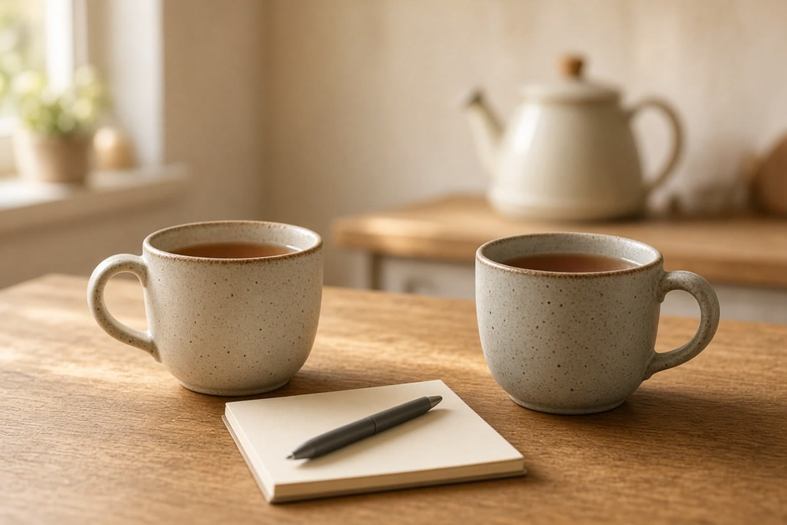 Two mugs on a kitchen table beside a notepad, soft morning light