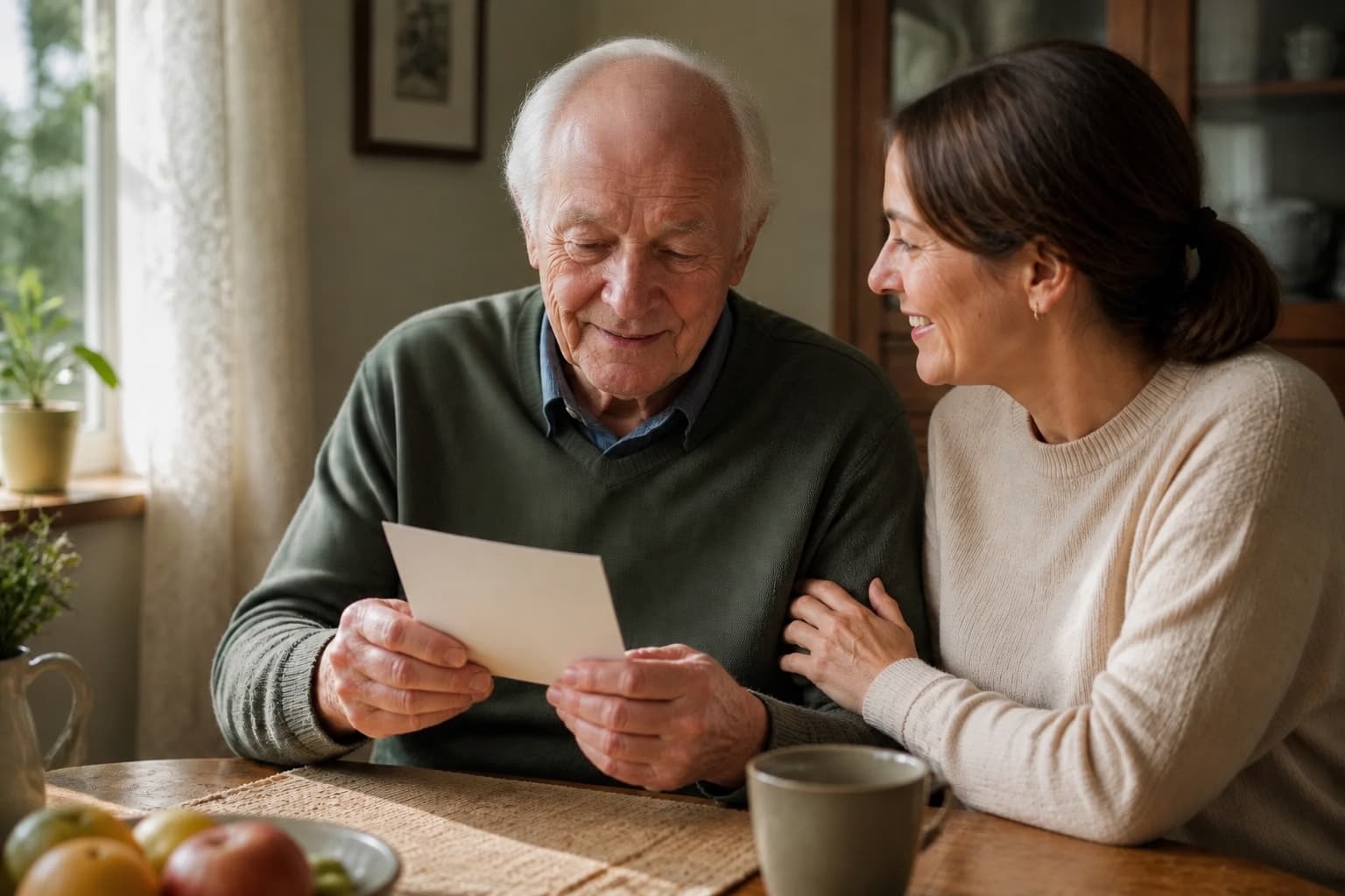 An older parent and their daughter looking at a photograph together.