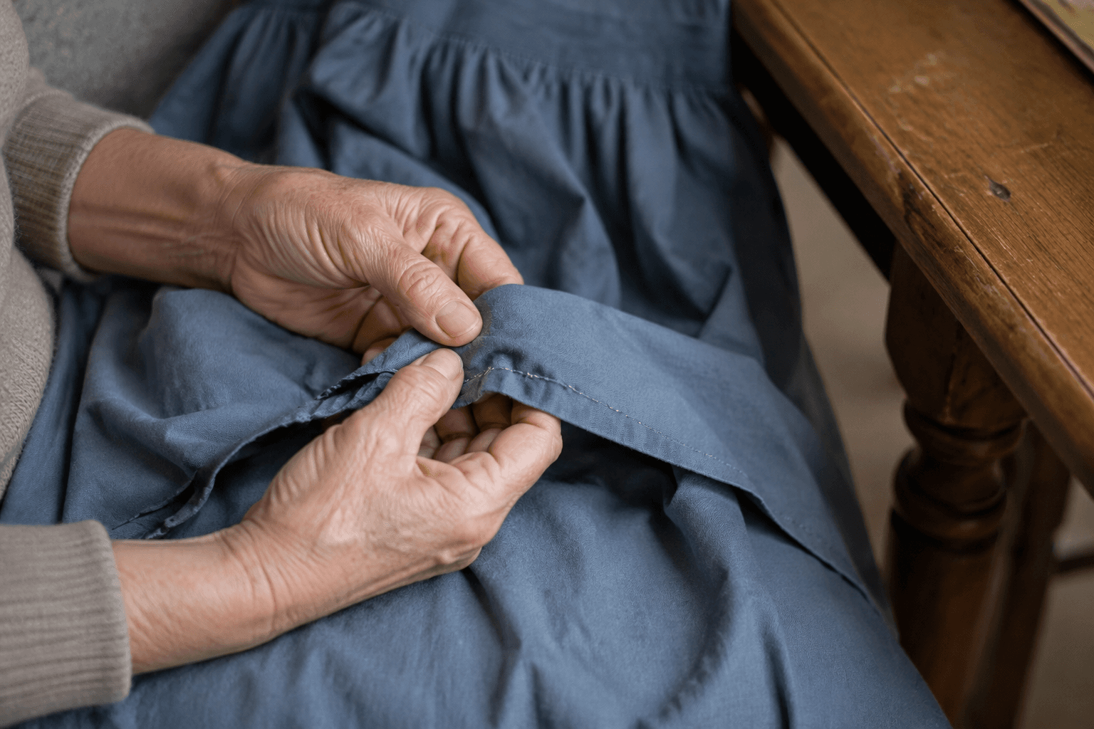Hands turning back the hand-sewn hem of a blue dress.