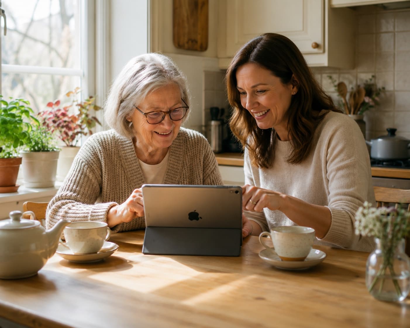 An older woman and her daughter looking at a tablet together at a kitchen table.