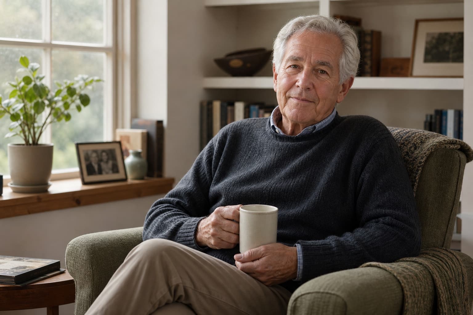 An older storyteller relaxing at home with a cup of tea.