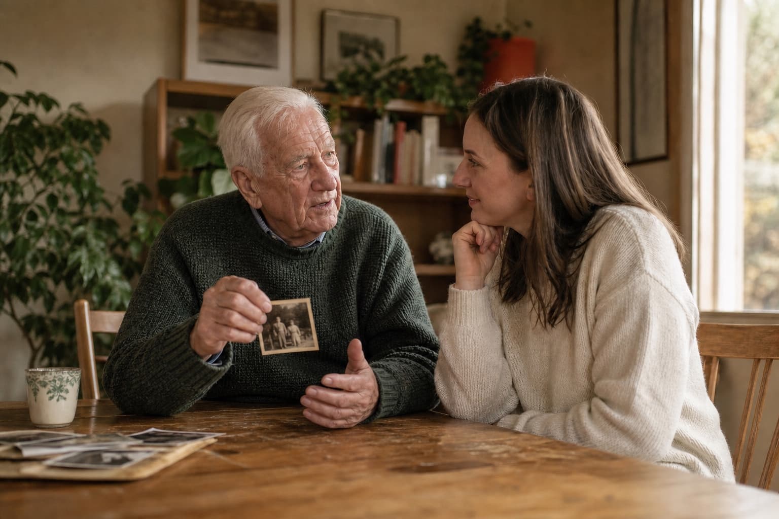An older father shares the story behind a family photograph with his adult daughter.