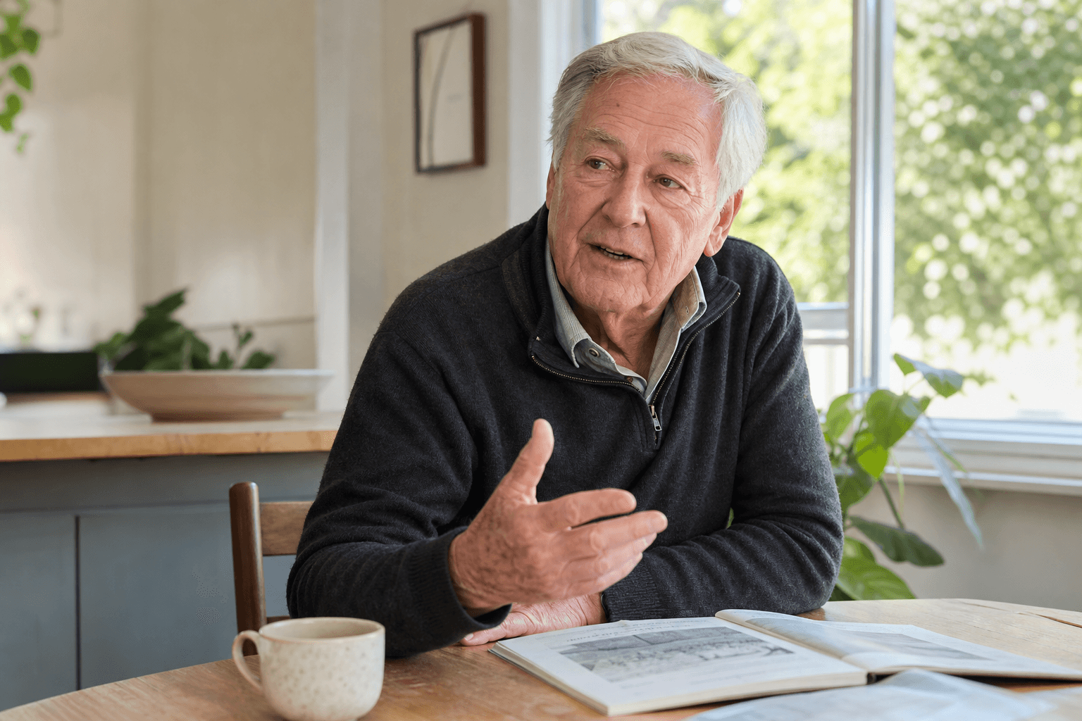 An older man telling a story at a sunlit kitchen table.