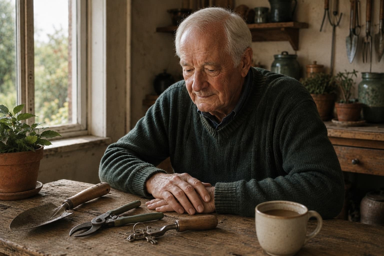 Grandad at a wooden workbench in a shed, with tools and a mug.