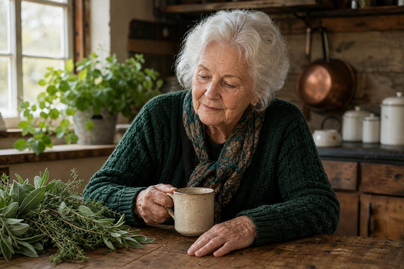 Nan telling a story at a kitchen table.