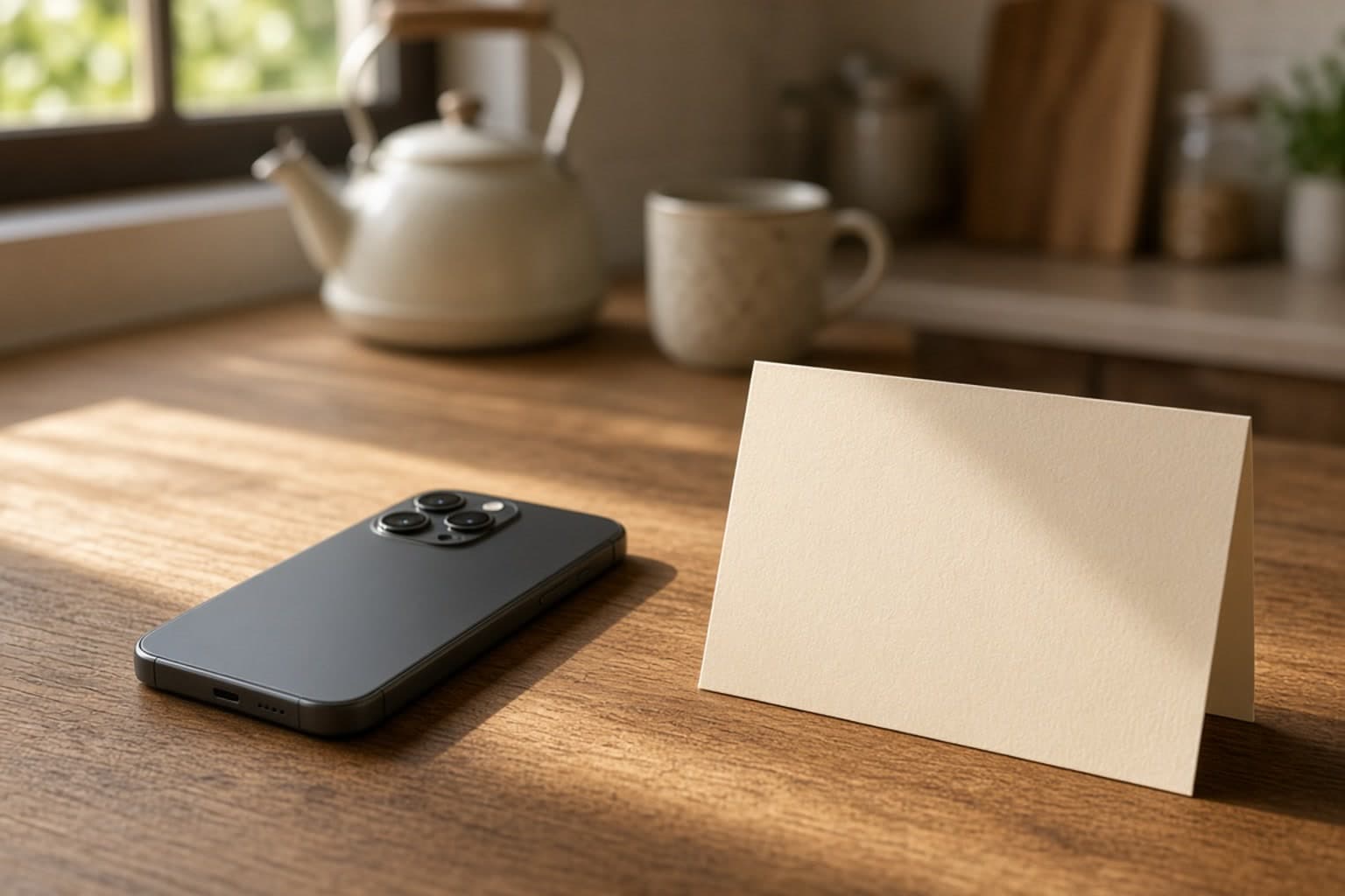 Phone on a kitchen bench with a birthday card, sunlight through a window