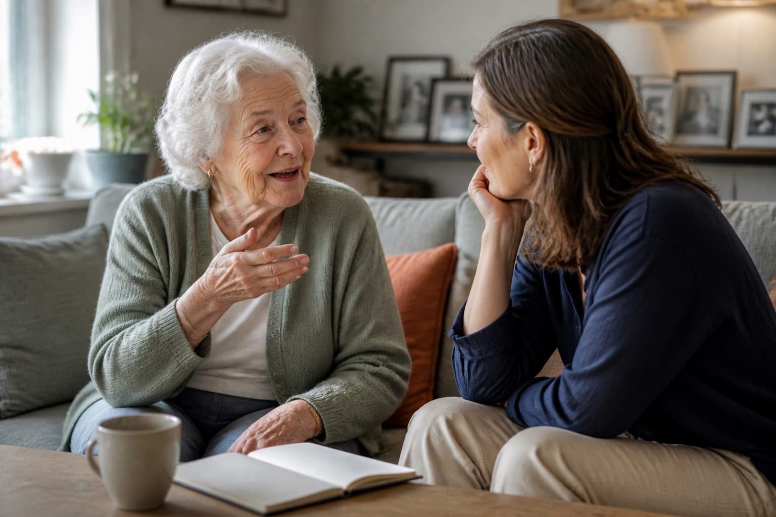 A grandmother telling a story while her adult granddaughter listens in a family living room.