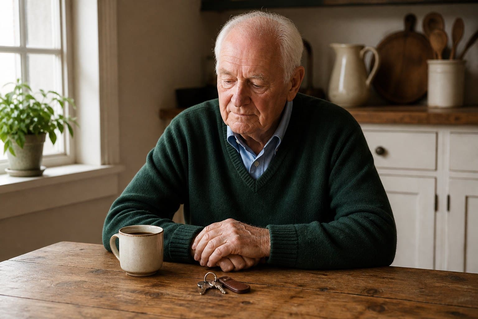 An older man sitting at a sunlit kitchen table with a mug and a set of keys.