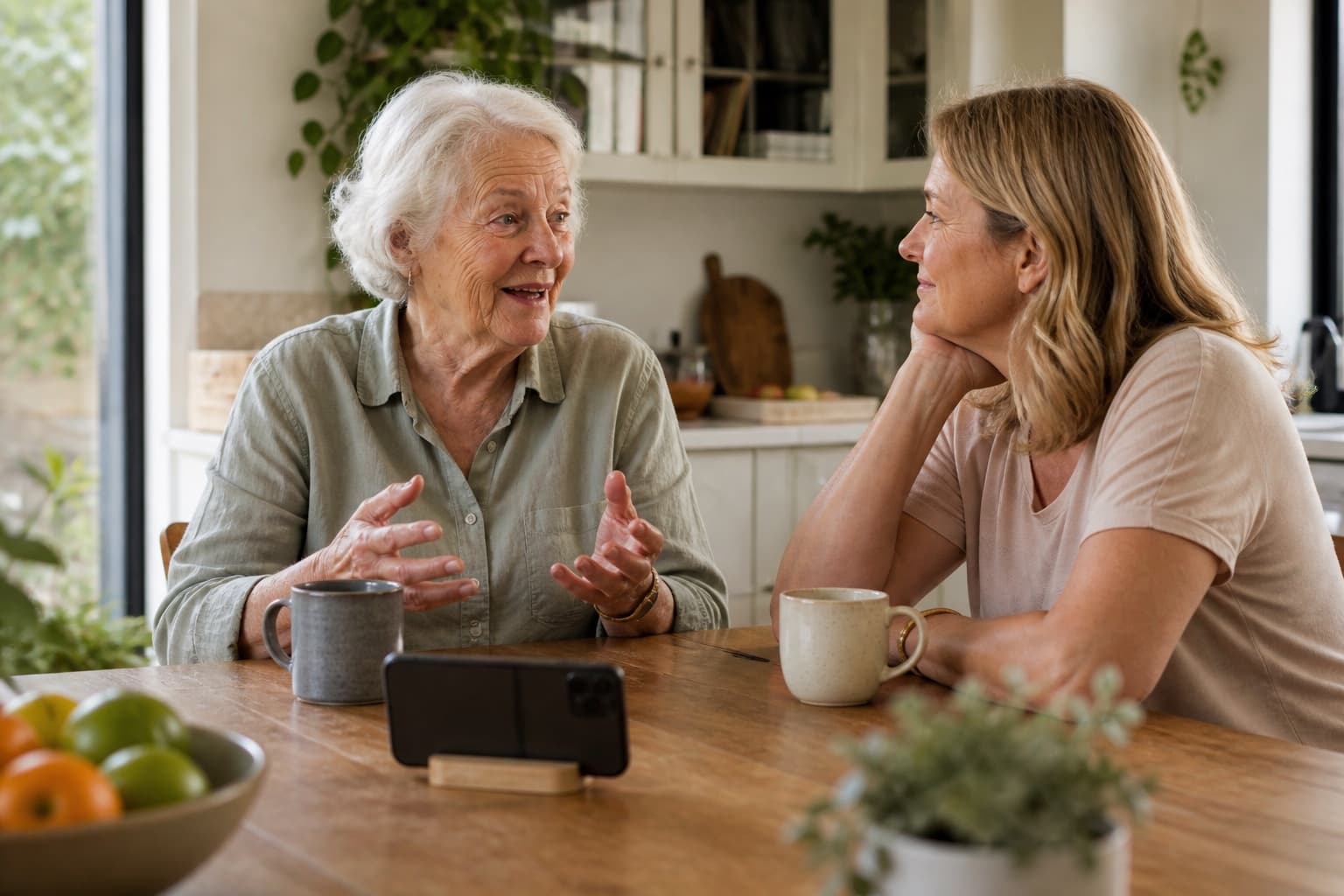 An older mother sharing a story while her adult daughter listens beside a phone recorder.