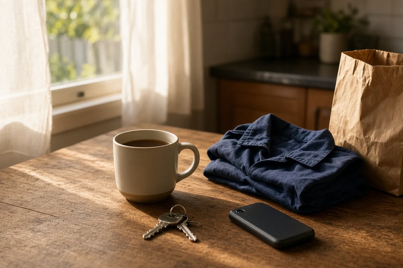 Keys, a mug, and a phone on a wooden kitchen table in warm afternoon light