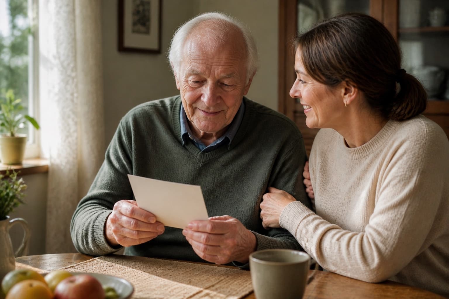 An older father reading a simple invitation card beside his adult daughter.