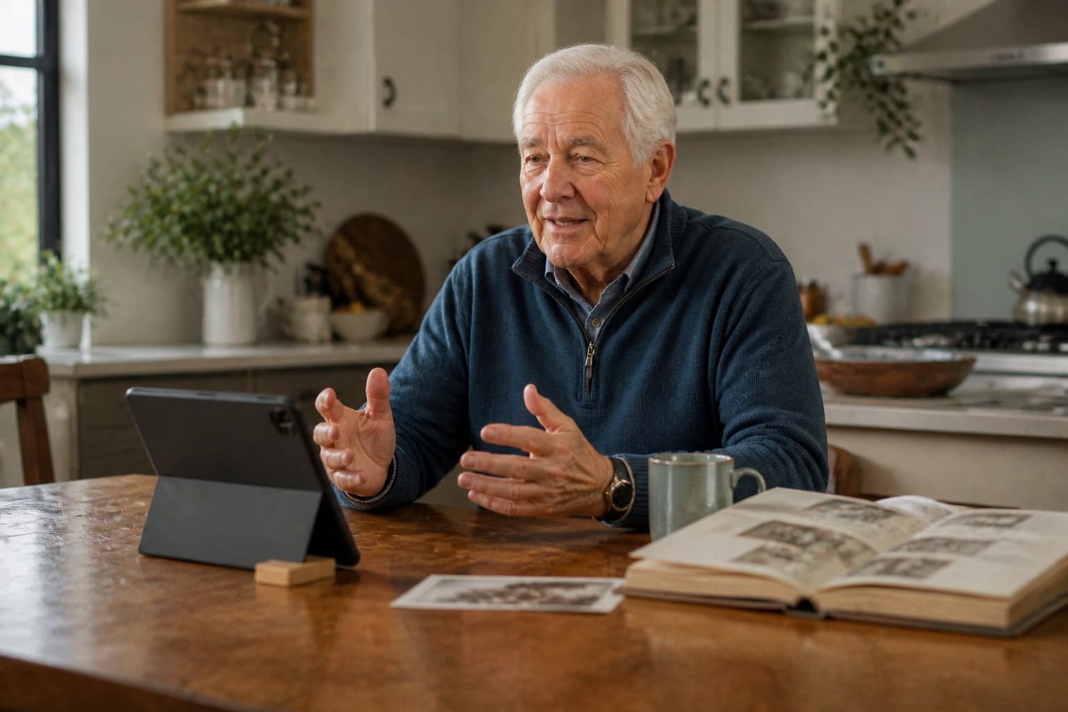 An older man telling his life story to Tellby at home.