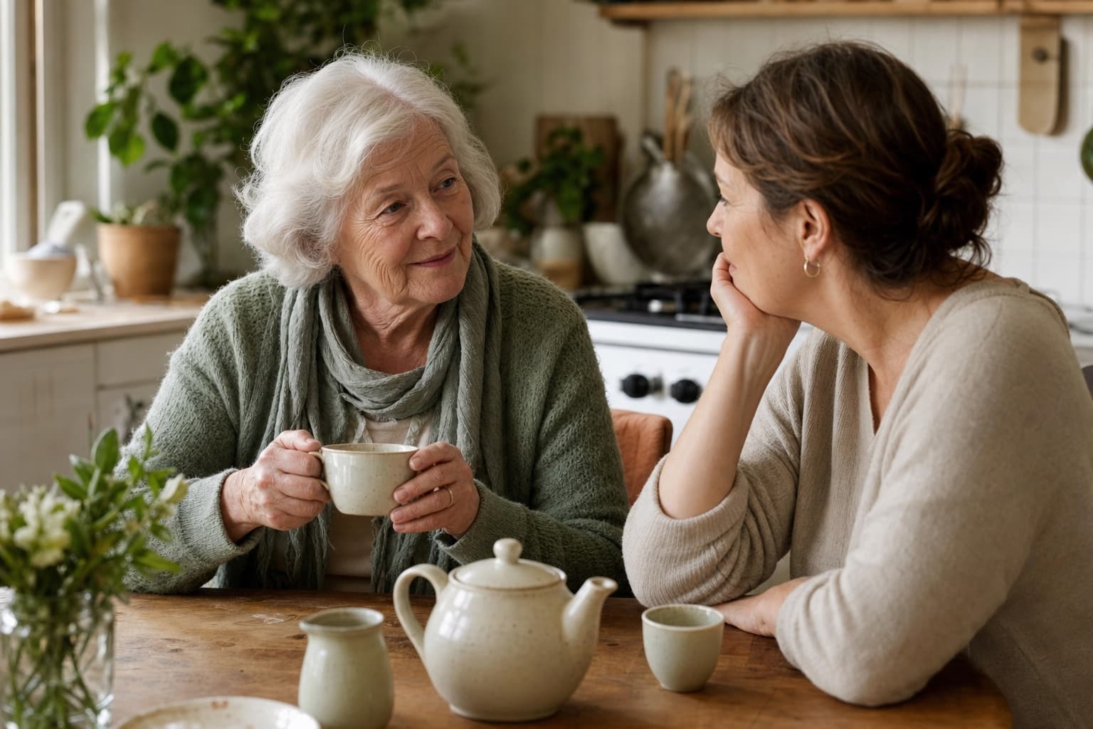 An older woman and her adult daughter sharing a relaxed conversation over tea.